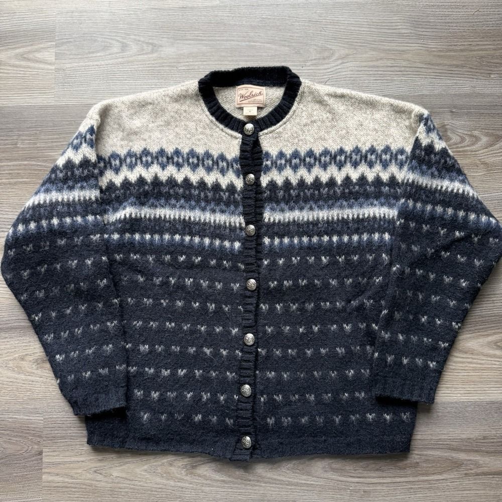 VTG Woolrich Blue Wool Fair Isle Knit Button Cardigan USA Made Winter Sweater M
